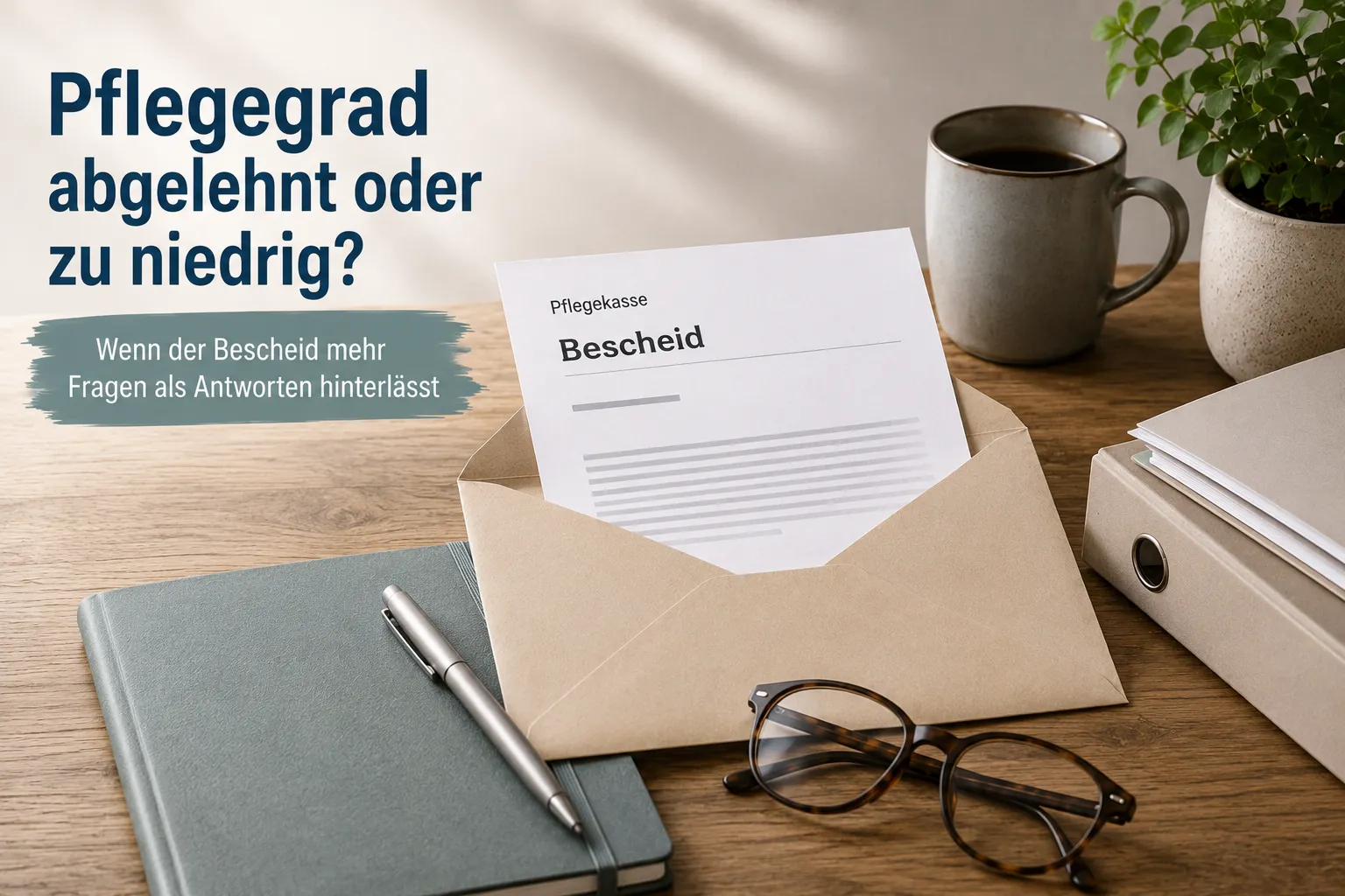 Bescheid der Pflegekasse im Umschlag – Symbolbild zum Fachartikel "Pflegegrad abgelehnt oder zu niedrig?"