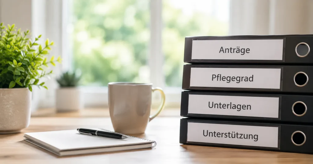 Aktenordner mit den Aufschriften Anträge, Pflegegrad, Unterlagen und Unterstützung – Symbolbild zum Fachartikel "Pflegegrad beantragen – der erste Schritt ist oft der schwerste"