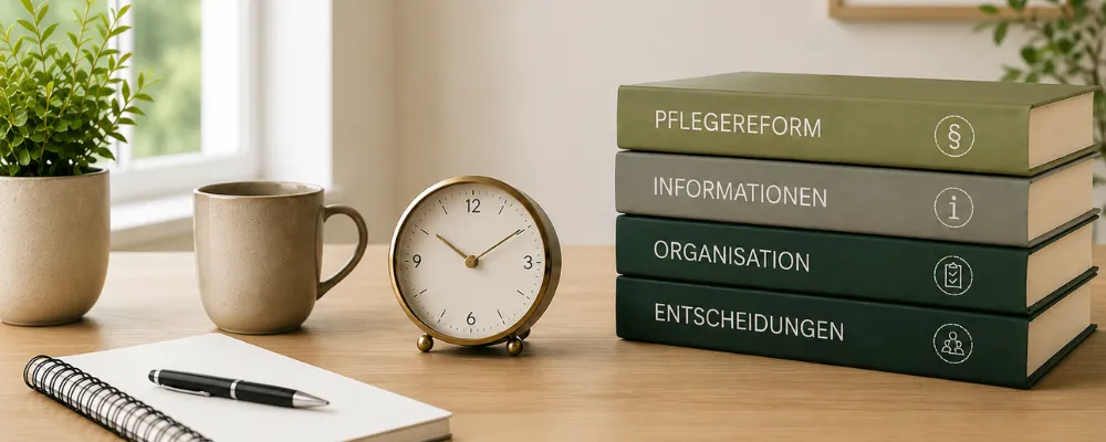 Bücherstapel mit den Themen Pflegereform, Informationen, Organisation und Entscheidungen – Symbolbild zum Fachartikel "Pflegereform verständlich erklärt"